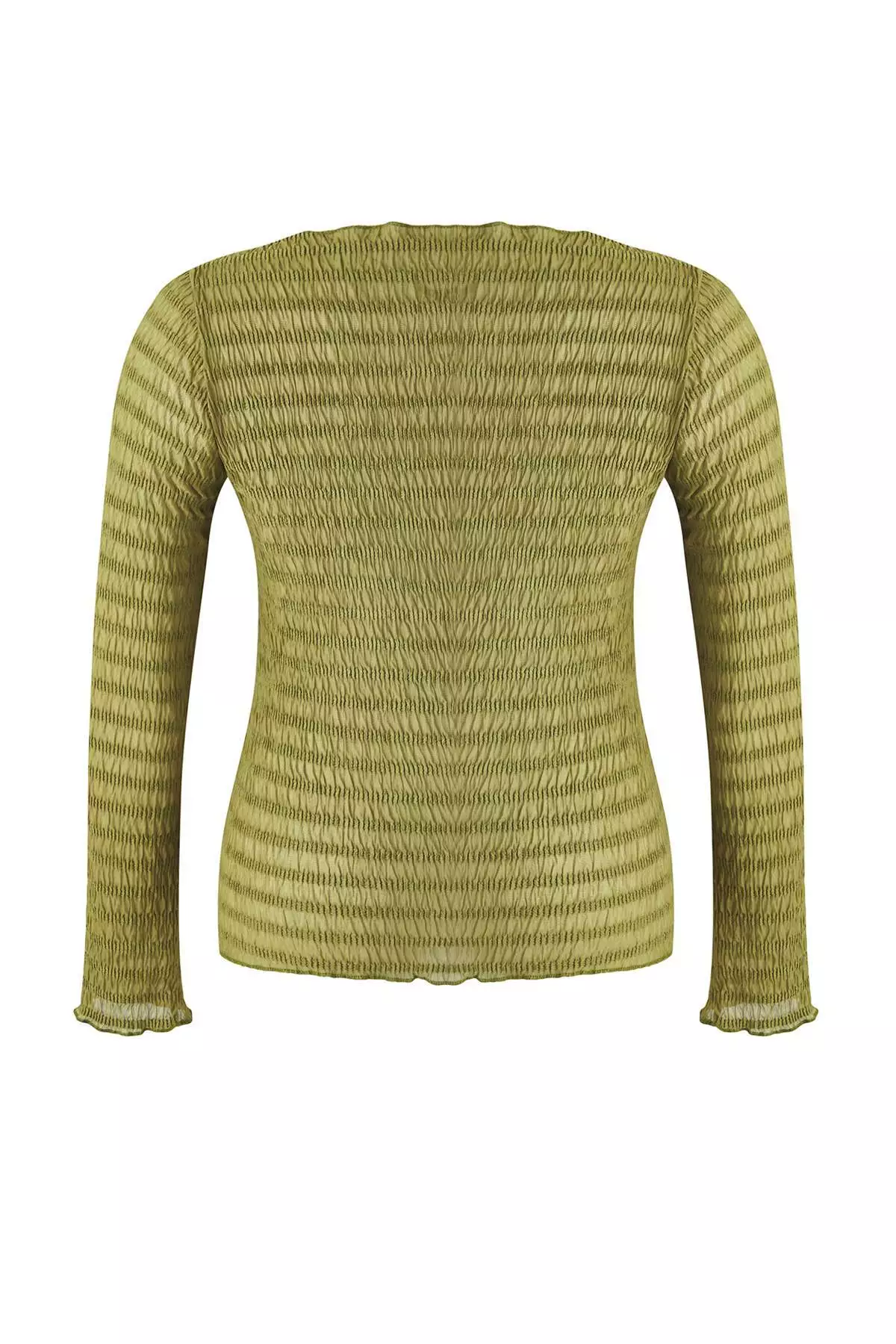 Khaki Fitted/Body-Smoothing Textured Tulle Flexible Knit Plus Size Blouse