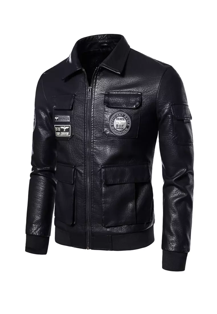 Faux Leather Aviator Embroidered Jacket MJ616