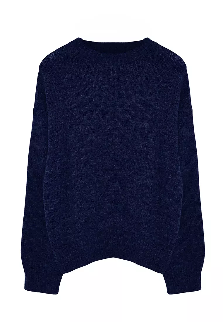 Navy Blue Wide Fit Soft Textured Knitwear Sweater