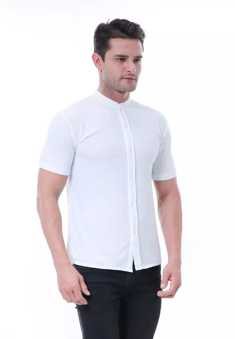 Leopold Atasan Pria Kemeja Kasual Slim Fit Lengan Pendek Motif Polos Material Cotton ORIGINAL - White