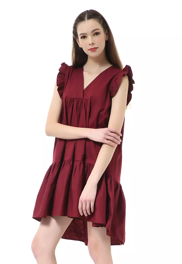 Rachel Mini Dress Ruffle Wanita Lengan Pendek Motif Polos Material Cotton ORIGINAL - Maroon