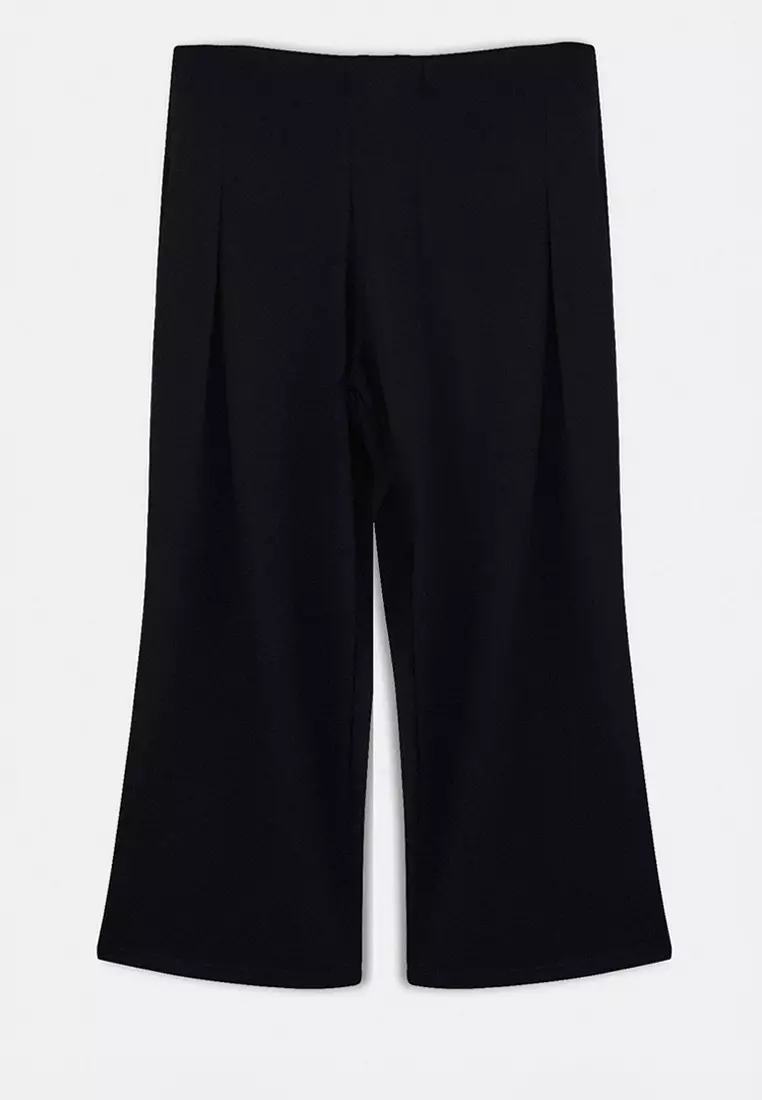 Black Pleated Wide Leg/Flared Leg Drapey Knitted Plus Size Pants Tbbss26Ar00021