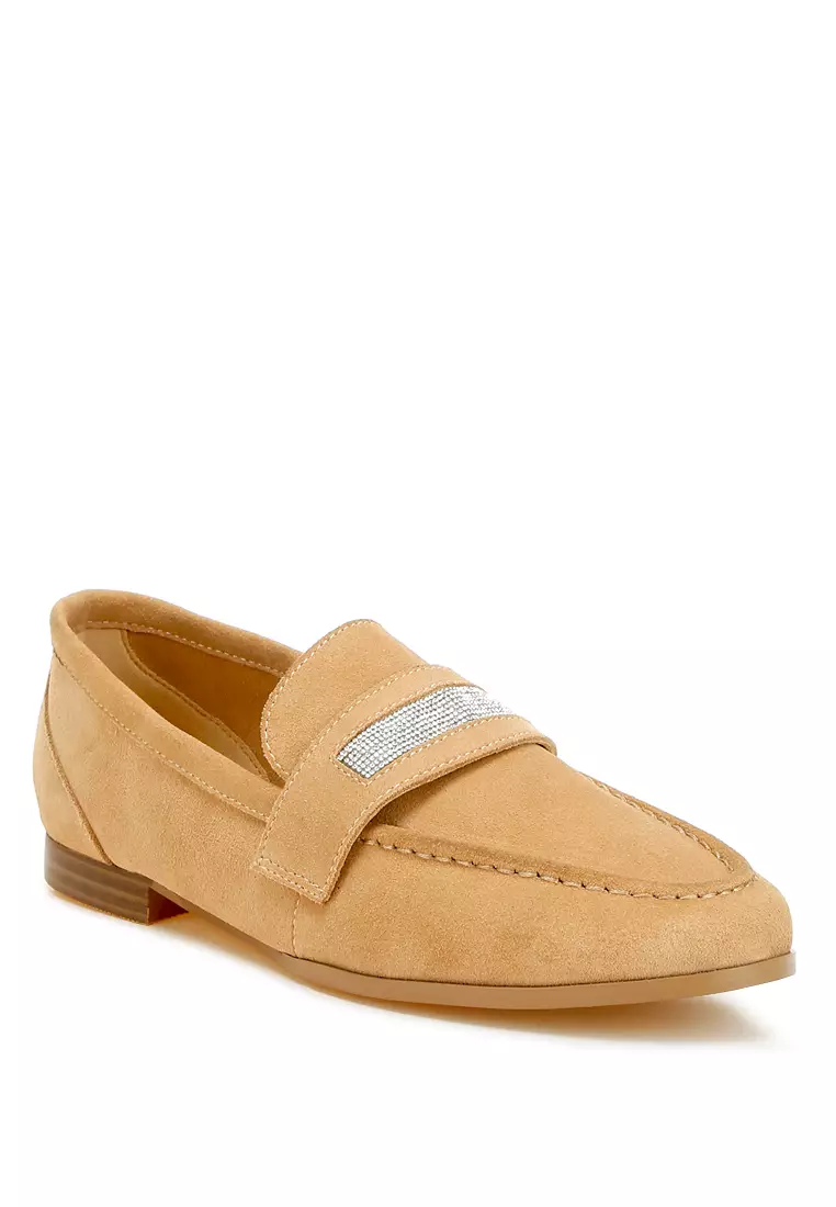 Sepatu Loafer Tali Penny Berlian Imitasi Warna Beige