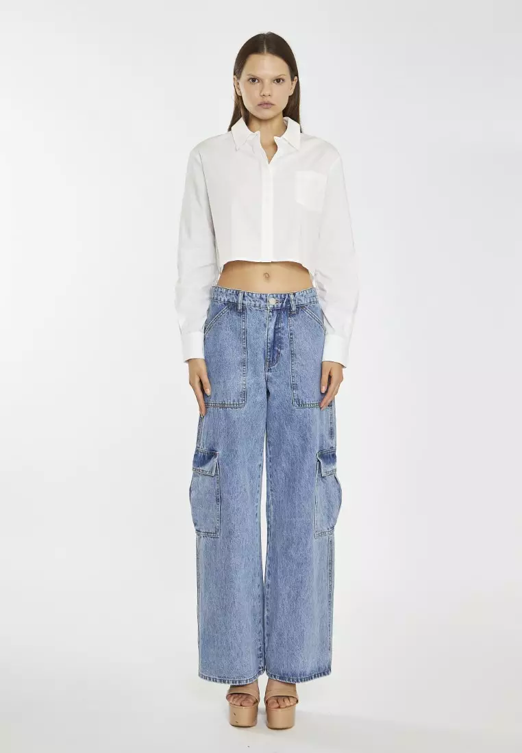 White Long Sleeve Collared Crop Shirt