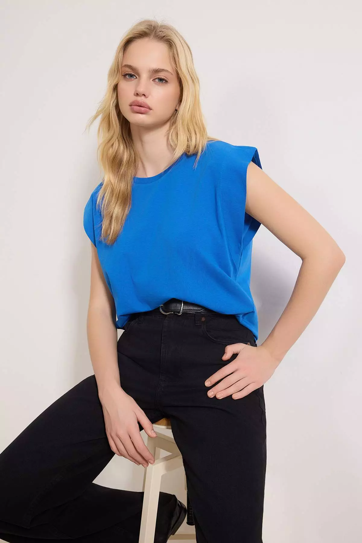 Cobalt 1% Cotton Shoulder Pad Look Basic Crew Neck Knitted T-Shirt Twoss2Ts21