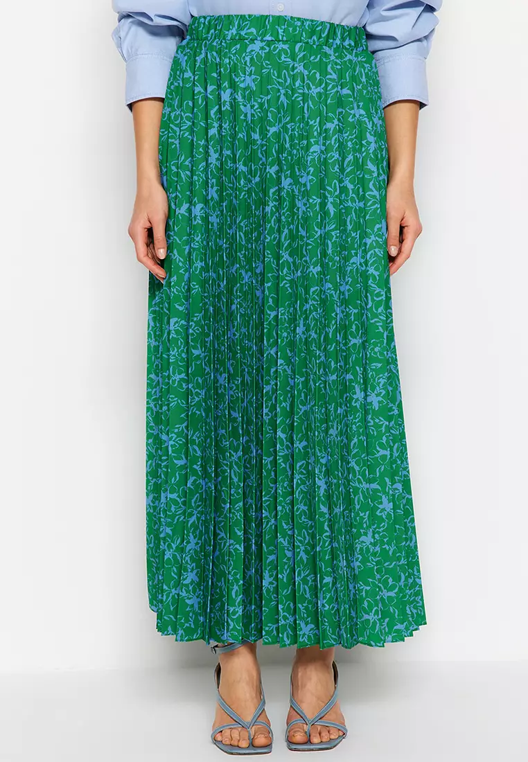 Green pleated maxi skirt for outlet sale