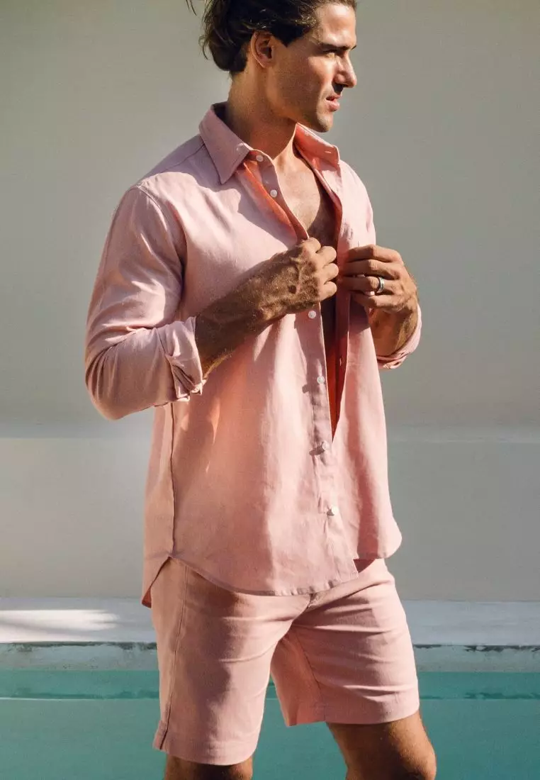 Lona Kemeja Linen Lengan Panjang Pria Salem | Linen Long Sleeve Shirt Men Peach