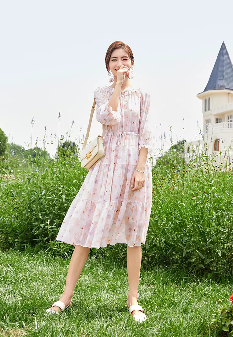 Ruffled Collar Waist Tie up Floral Midi Dress