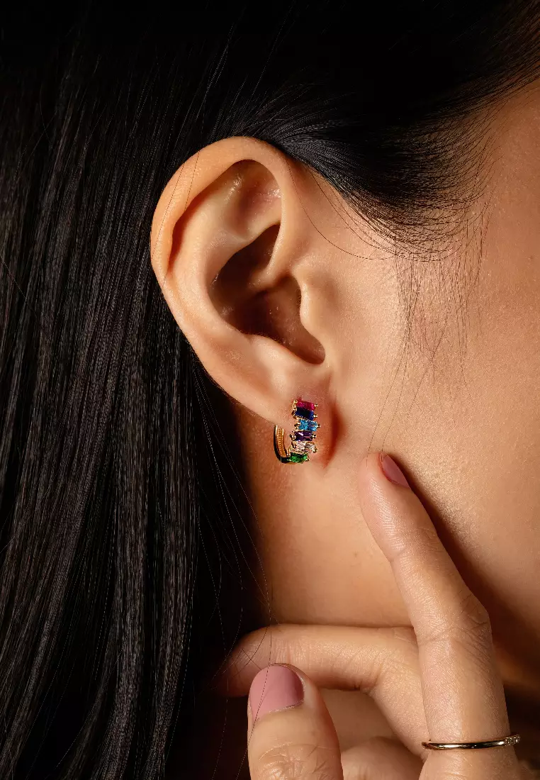 Colored Cluster Baguette Hoops 14k Gold