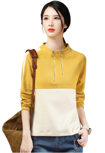 A-IN GIRLS white and yellow Casual Stand-Up Collar Color Block Sweater 3C09DAAC53B3CAGS_1