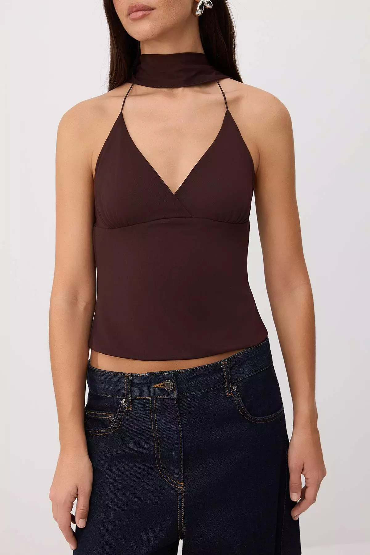 Brown Polka Dot Li Fitted Halter Neck Tie-Detail Accessory Detail Tulle Knitted Blouse Twoss26Bz488