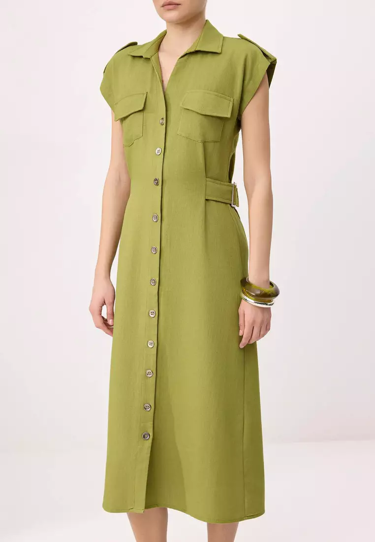 Khaki Accessory Detail Midi Woven Shirt Dress Twoss26El125
