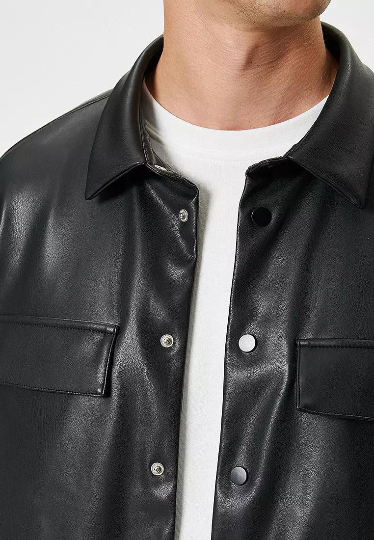Buy KOTON Faux Leather Jacket Shirt Snap Button Collar Double Flap