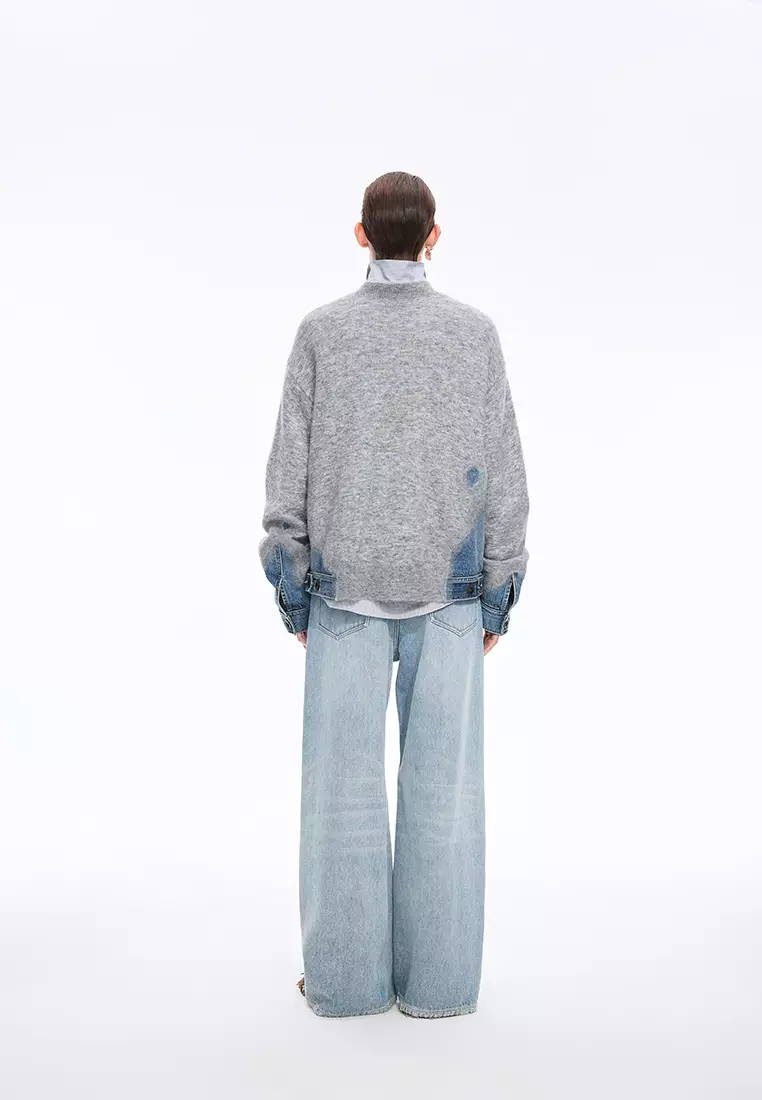 Sweater / Oversized Knitted Denim Panel Pullover