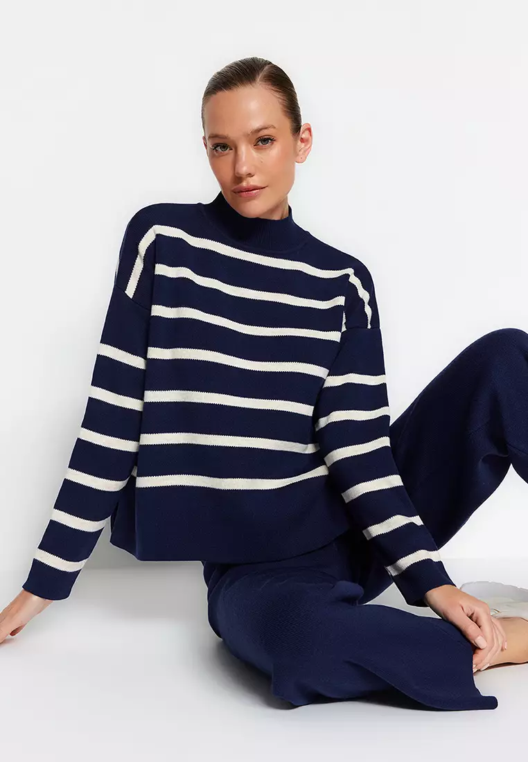 Navy Blue Striped Knitwear Trousers Bottom-Top Set TWOAW24AU00045