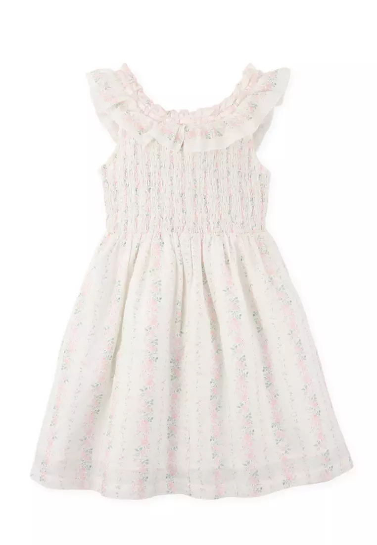 Gingersnaps Floral and Bow Printed Skirt With Smocking Details and Bullion Flower Embroidery