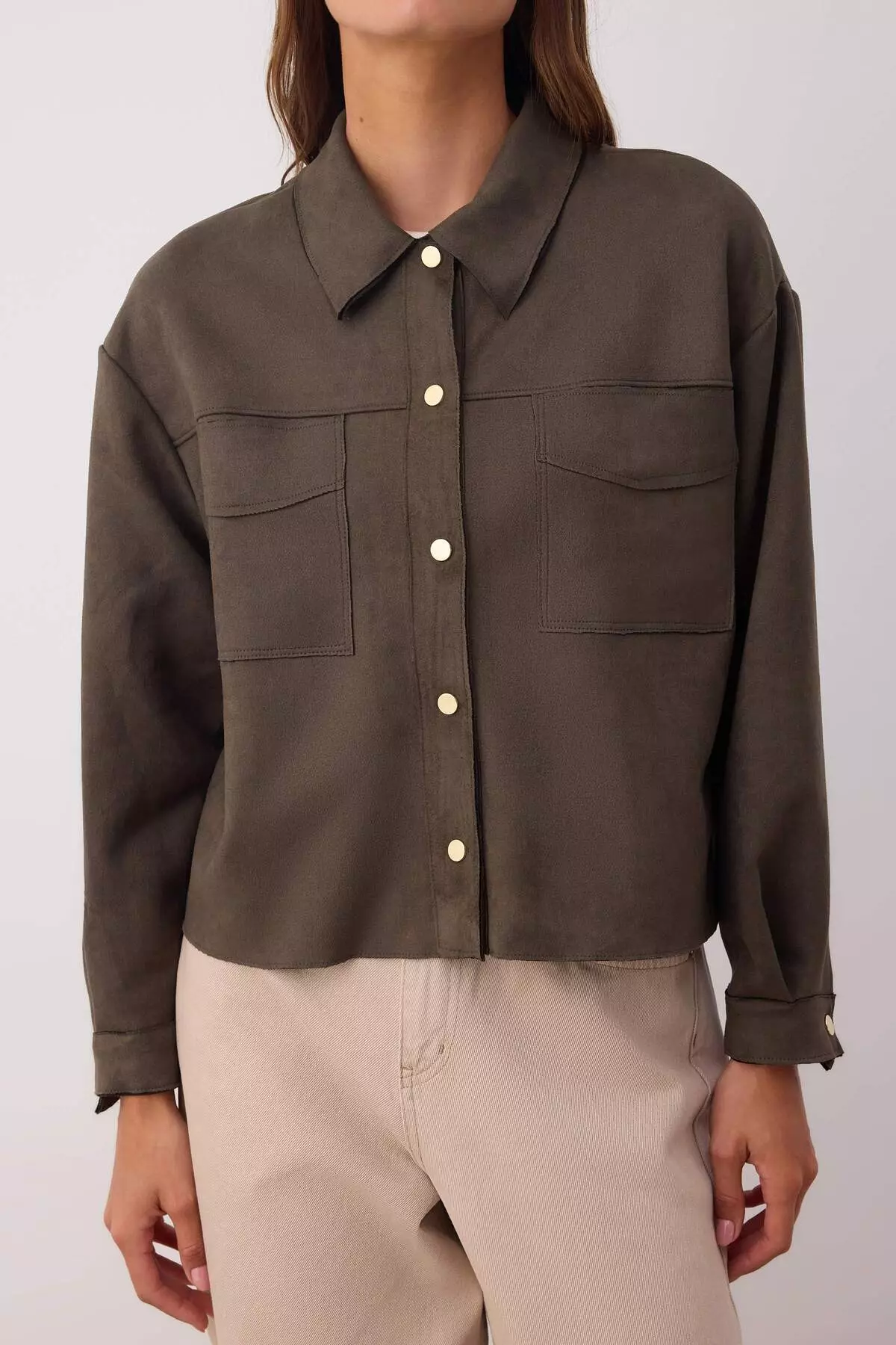 Khaki Gold Button Detailed Suede Shirt Jacket