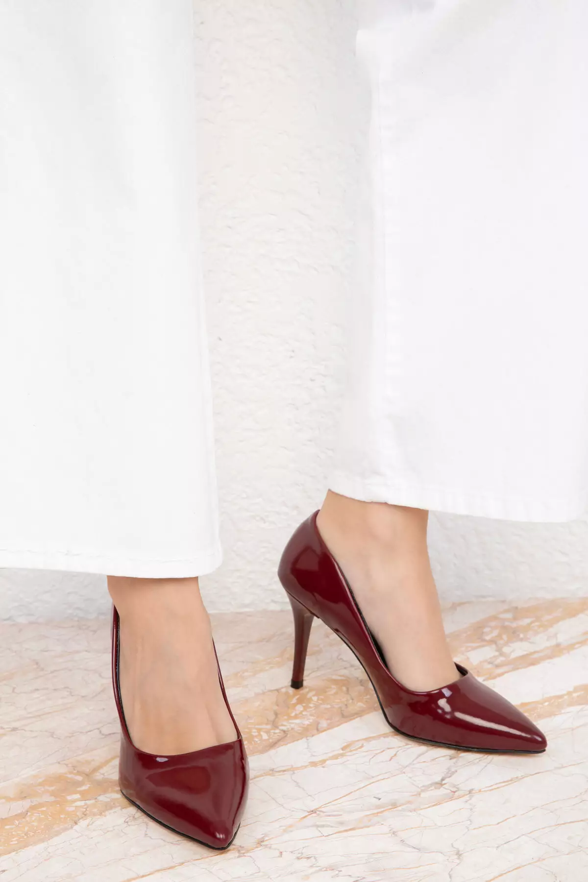 Claret Red Patent Leather 19550 Model Classic Women's Heeled Shoes