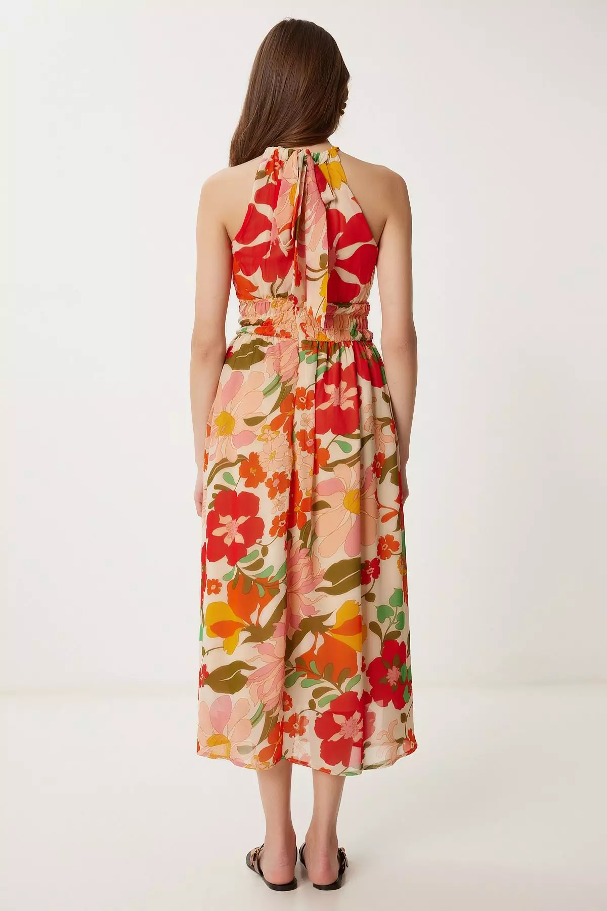 Women's Orange Pink Patterned Flounced Midi Chiffon Dress Fg00029