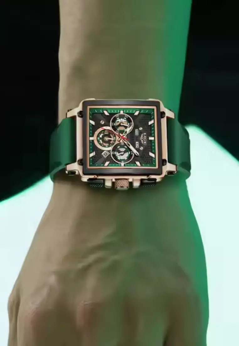 Unisex Chronograph IP Pink Gold Color Metal Alloy Quartz Watch, 44mm W x 44mm H, Silicone Strap