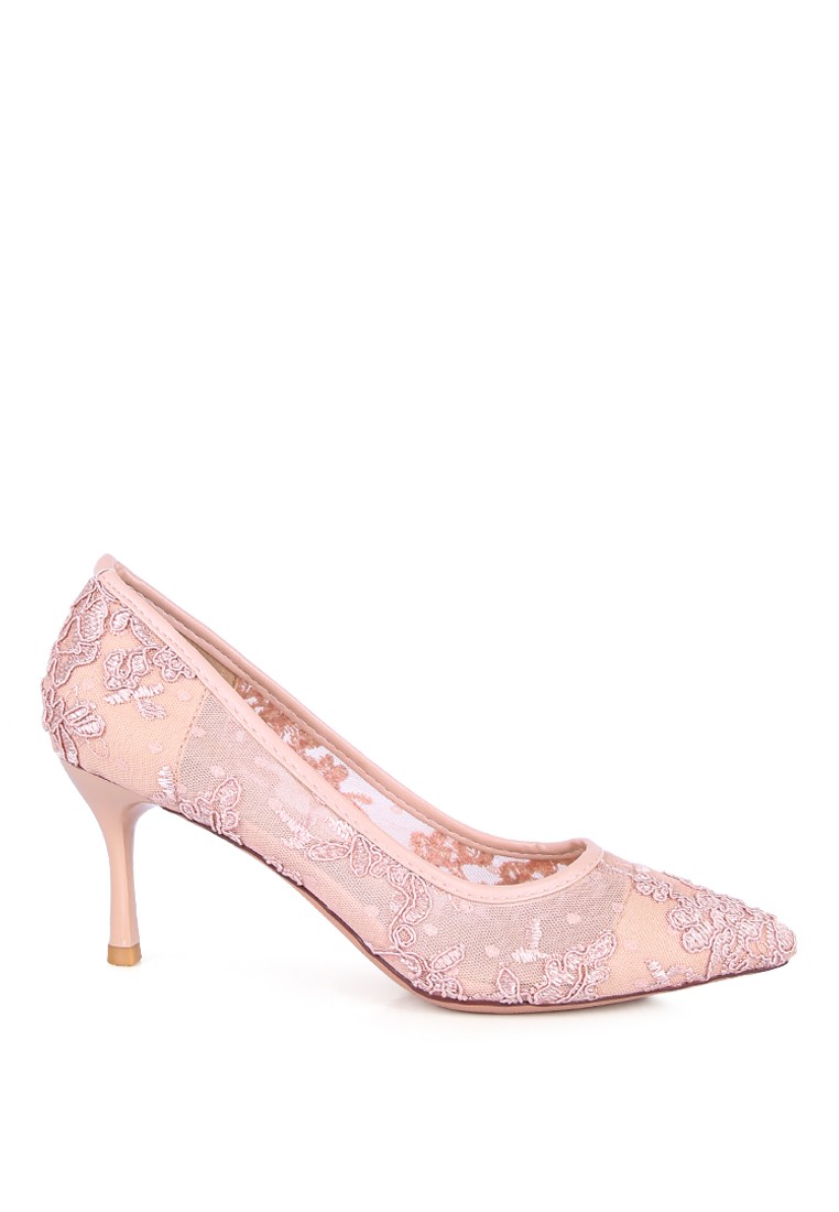 Nude Mid Heel Lace Stiletto Pumps