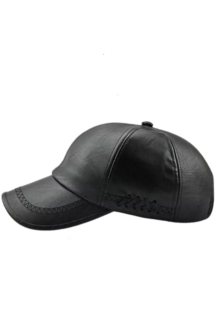 Maxton Topi Baseball Aksen Caps Handmade Design Creative Resizable Strap Material Leather Kulit ORIGINAL - Black
