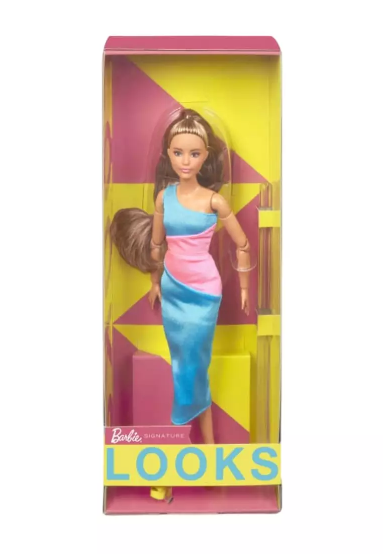 Barbie Signature Barbie Looks Doll, Brunette, Color Block One-Shoulder Midi Dress