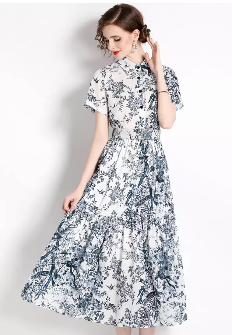 2025 S/S 氣質中國風印花收腰連身裙 A23022401