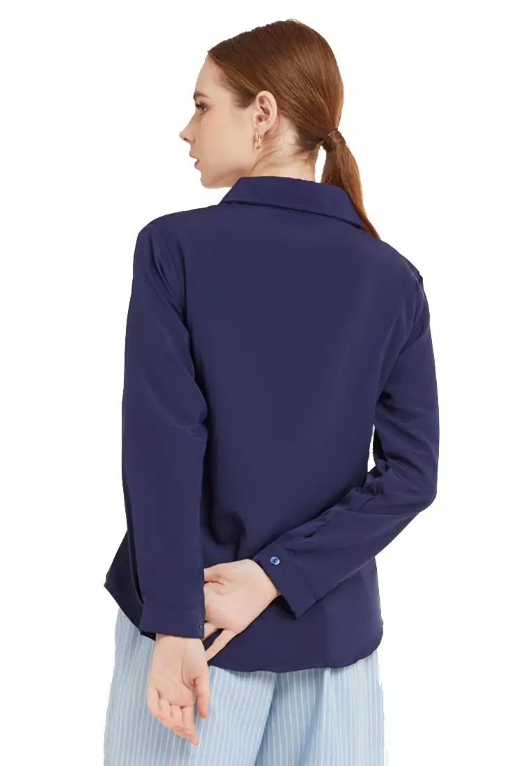 Kemeja Kerja Polos Plain Wanita Lengan Panjang Reguler Fit Premium Quality - Navy
