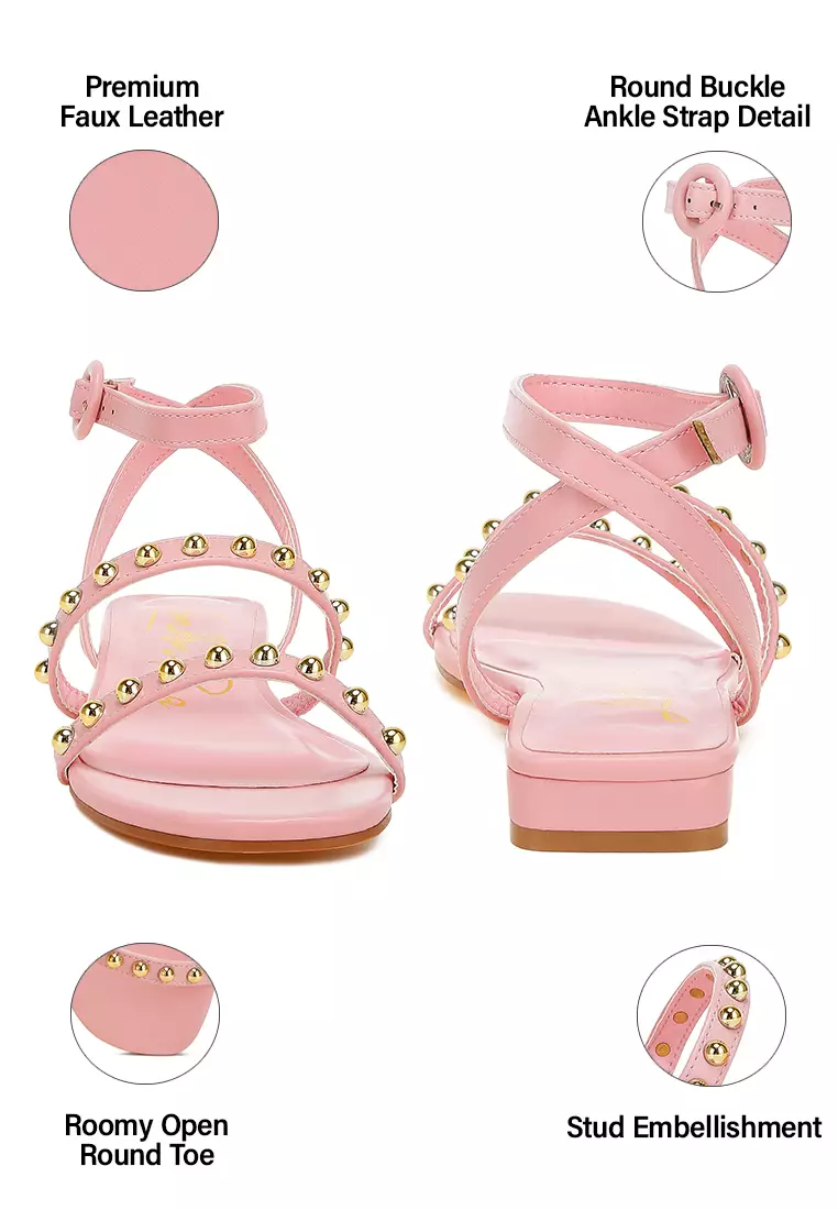 Sandal Datar Tali Pergelangan Kaki Bertabur Warna Pink