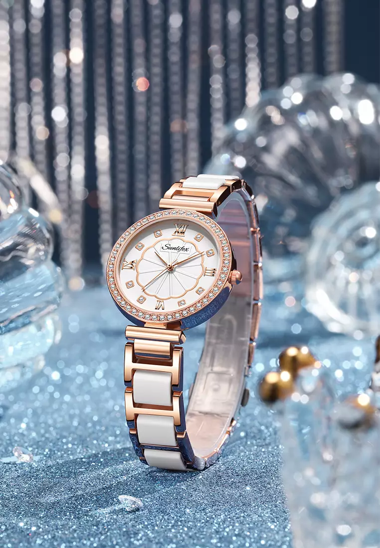 Jam Tangan Wanita 6032 Kuarsa Tali Stainless Steel Berlian Anggun Santai Jam Tangan Cewek white