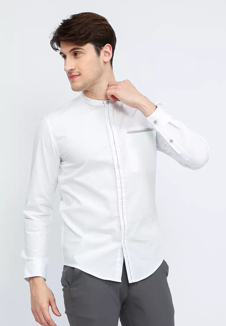 OXCON Kemeja Collarless long sleeve Dual Style Button White