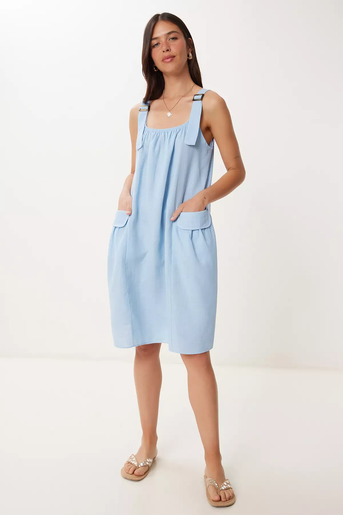 Women's Sky Blue Linen Blend Light See-Through Beach Dress Gx00009
