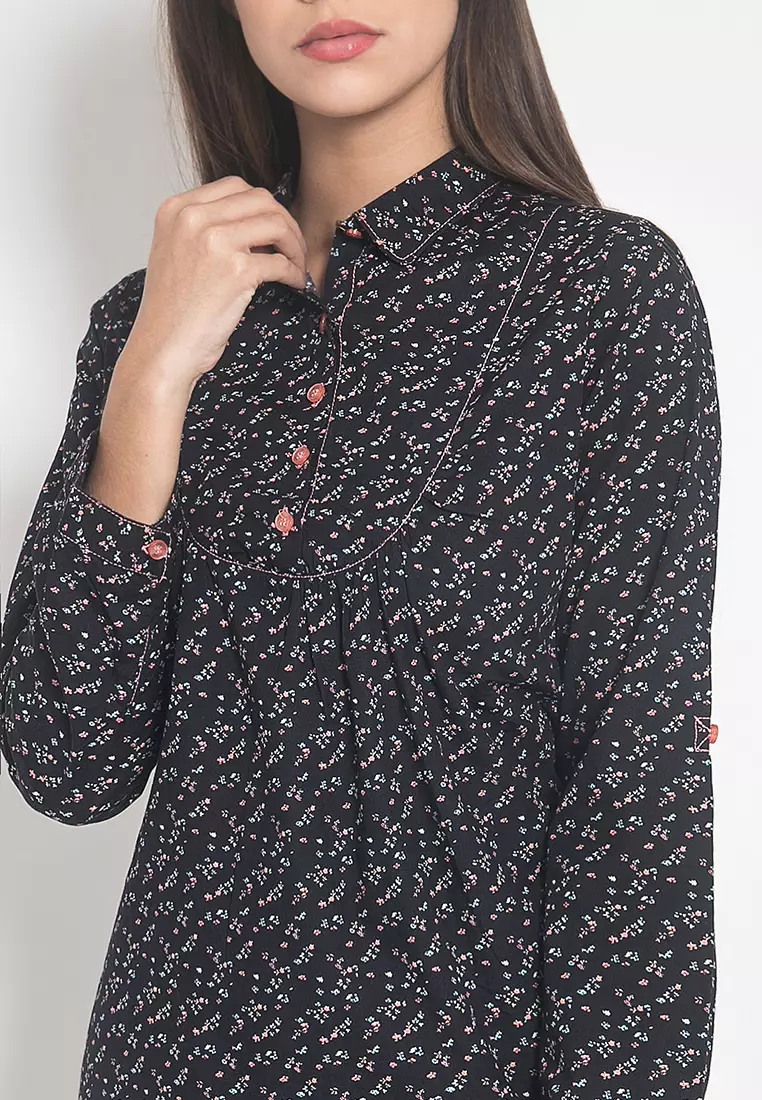 LGS - Slim Fit - Kemeja Wanita - Lengan Panjang - Motif Shanghai - Hitam