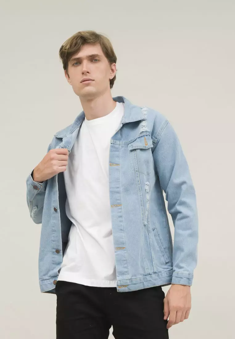 Houseofcuff Jaket Jeans Pria Polos Tebal Dilan Denim Biru Pudar Ripped