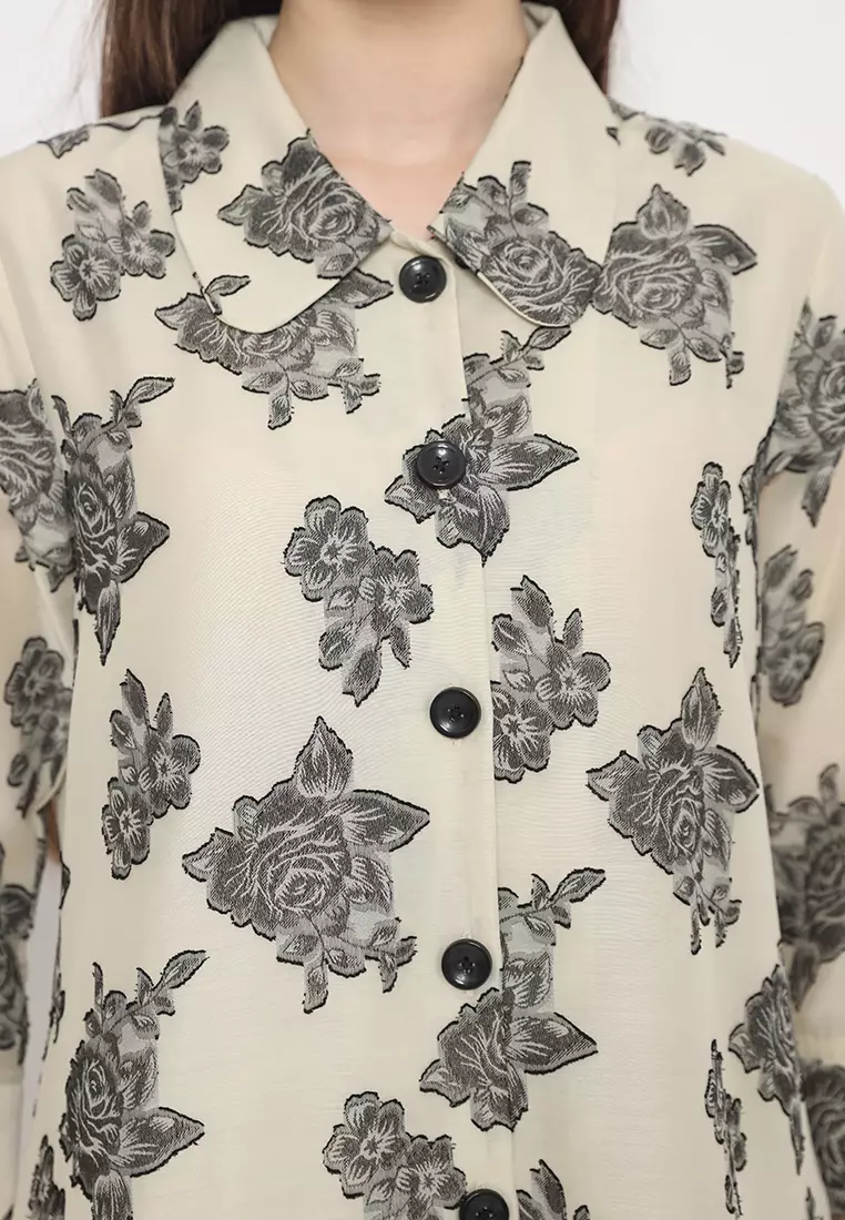 Shirt With Rose Pattern Green And Cream By Brilliant Girl Warna Cream