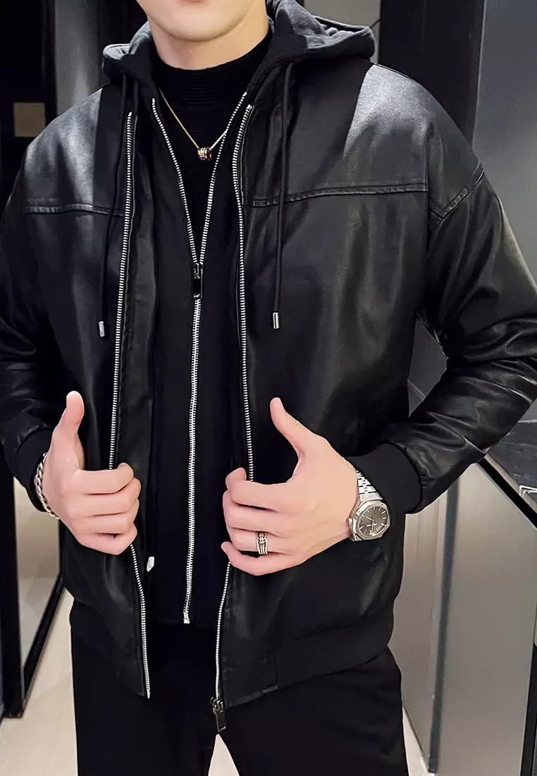 男士仿皮連帽皮褸 MJ906