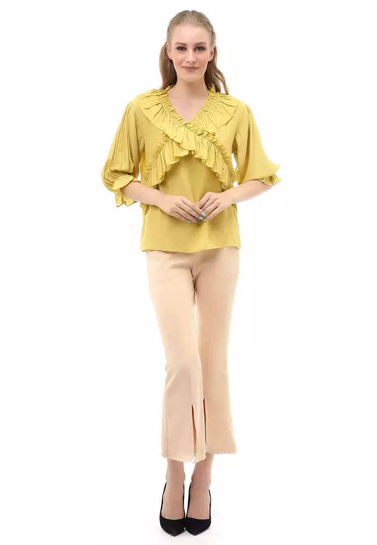 Cheva Blouse Atasan Kasual Wanita Long Sleeve Pita Depan Staylish Material Cotton ORIGINAL - Yellow