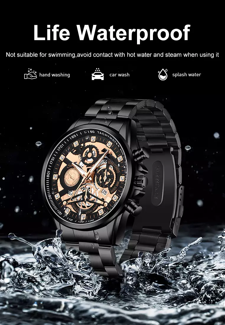 Jam Tangan Pria 3352 Bercahaya Dial Berongga Santai Mode Tali Stainless Steel Kalender Jam Tangan Cowok black