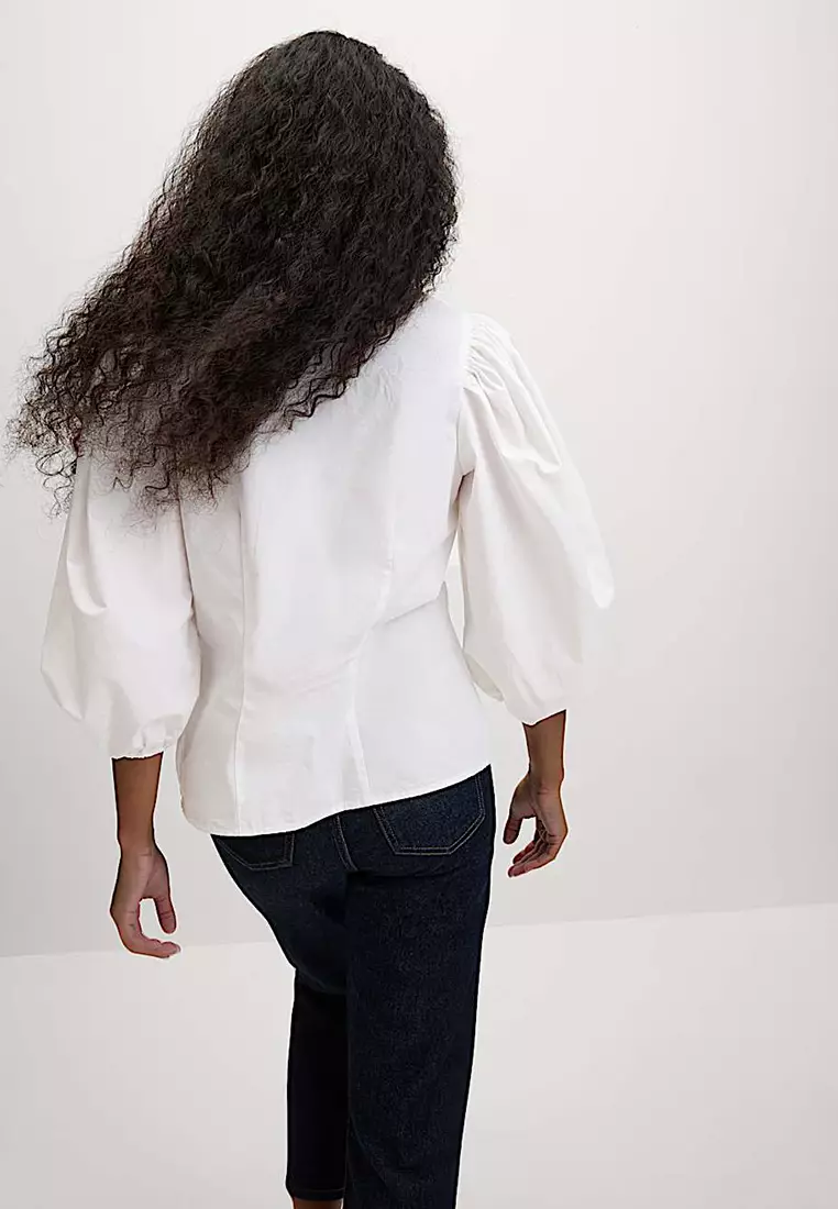 Pure Cotton Puff Sleeve Button Through Blouse