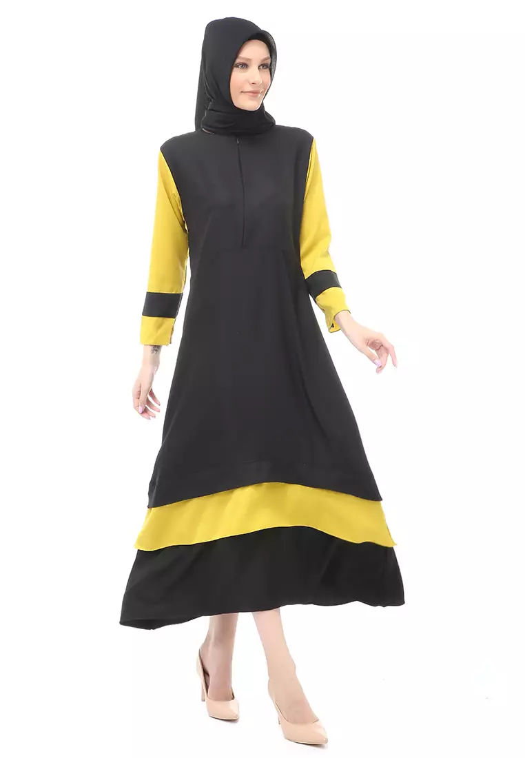 Aurel Dress Maxi Muslimah Wanita Polos Dual Tone Color Regular Fit - Black Lemon
