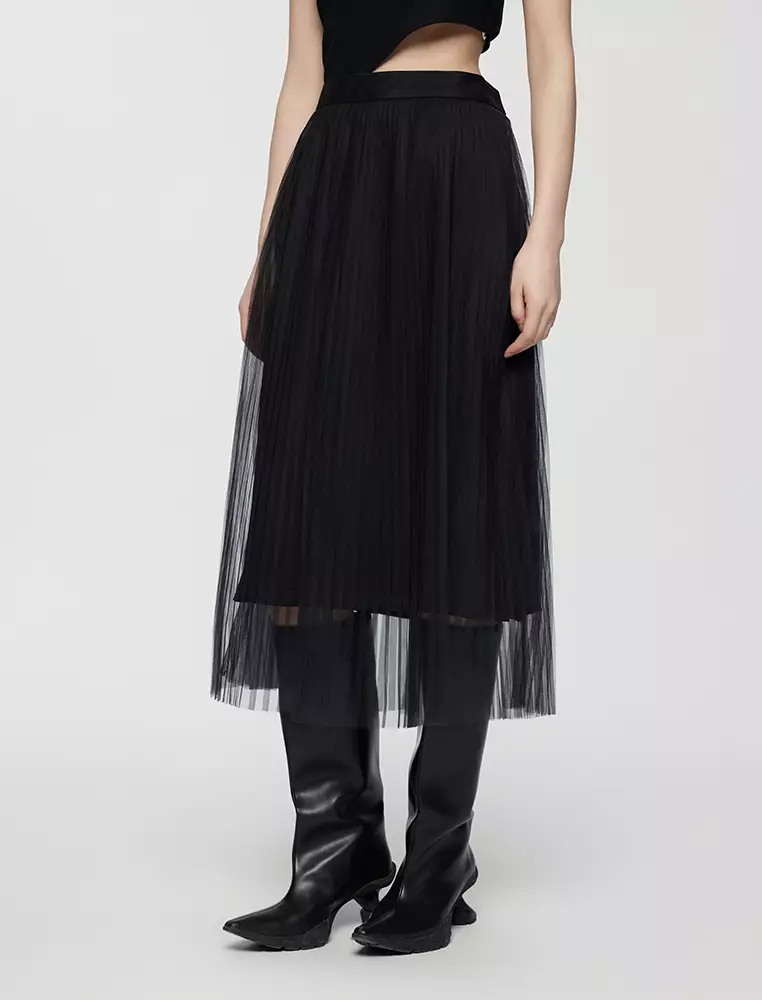 Straight Cut Pleated Long Waist Skirt