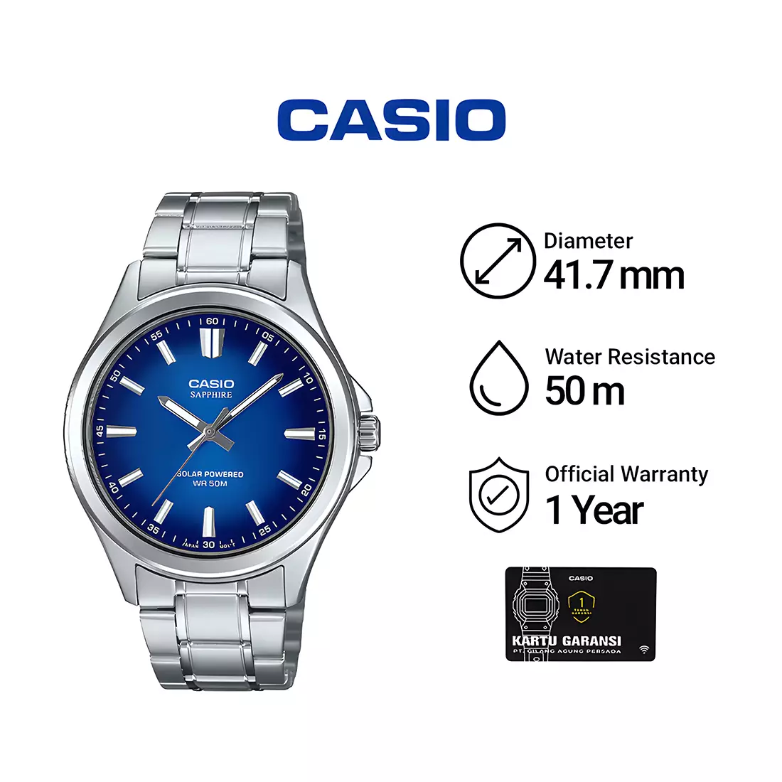 Casio Sapphire Glass - Solar Powered - Jam Tangan Analog Pria - Blue Dial - All Stainless Steel - MTS-RS100D-2AV
