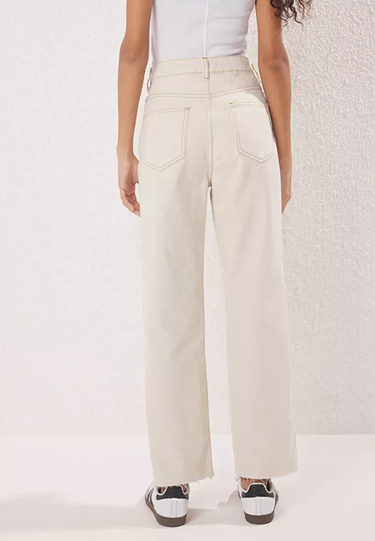 Ecru Cut-Off High Waist Straight Jeans TWOAW25JE00307
