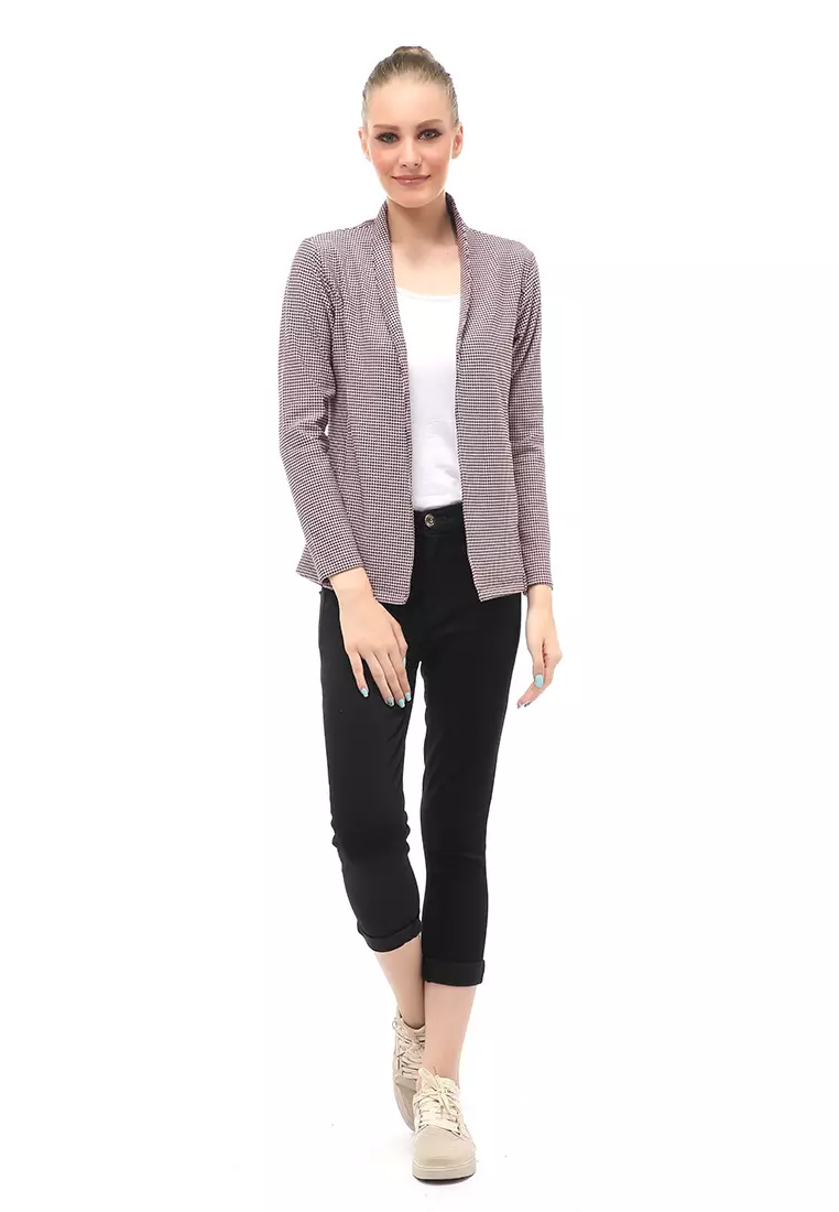 Blazer Wanita Lengan Panjang Outerwear Motif Kotak-Kotak Design Casual - Pink