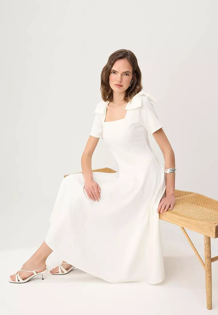 White Plain Midi Woven Dress Twoss26El891