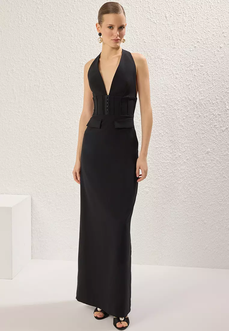 Black V Neck Piping Woven Long Elegant Evening Night Graduation Dress TPRSS25AE00136