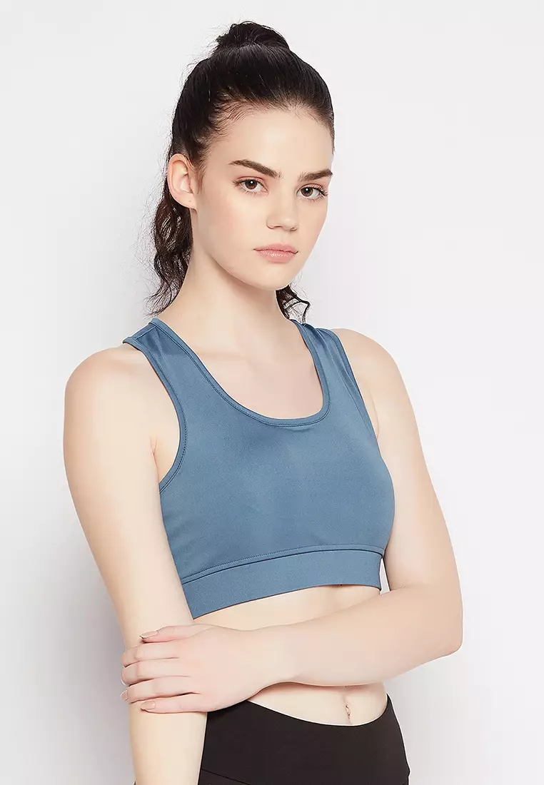 Clovia Medium Impact Padded Sports Bra in Stone Blue with Racerback