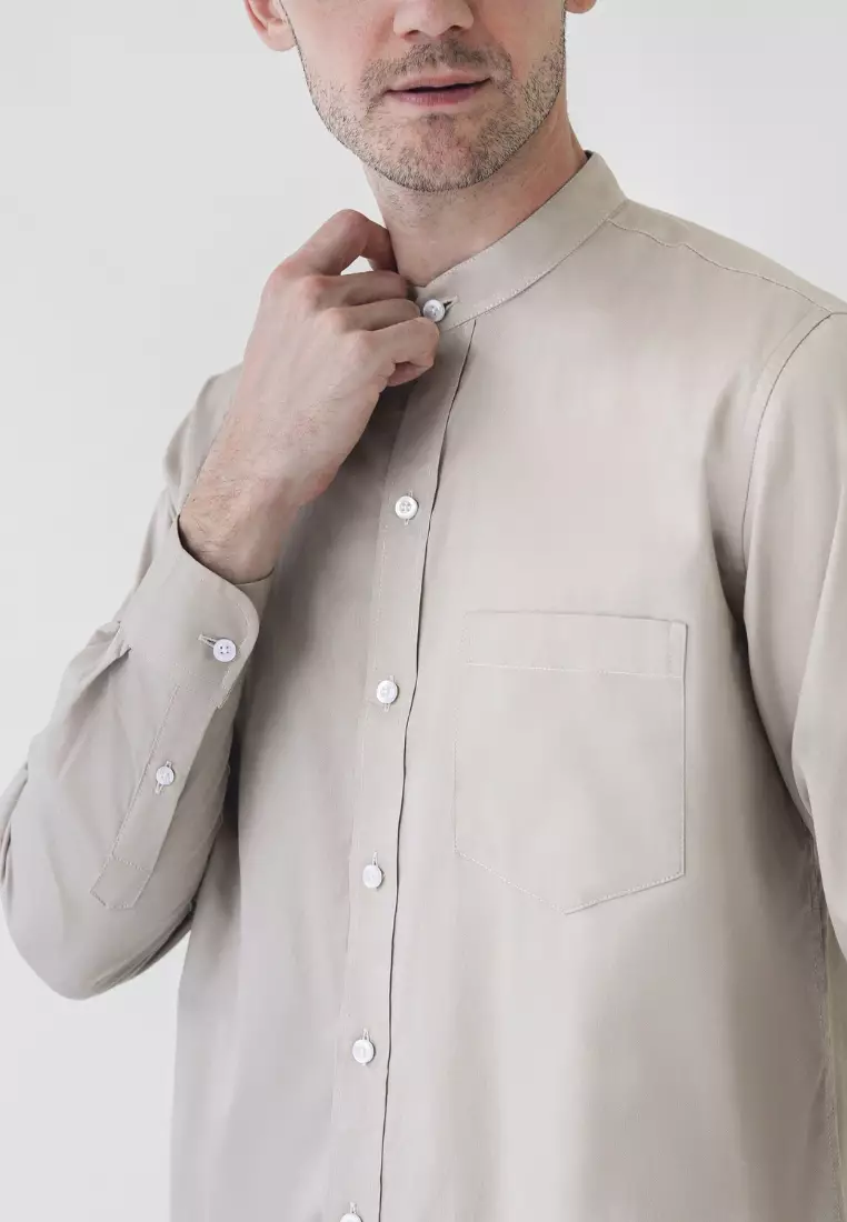 Cotton Well Badr Stand Collar Shirt Light Taupe | Kemeja Koko Lengan Panjang Krem