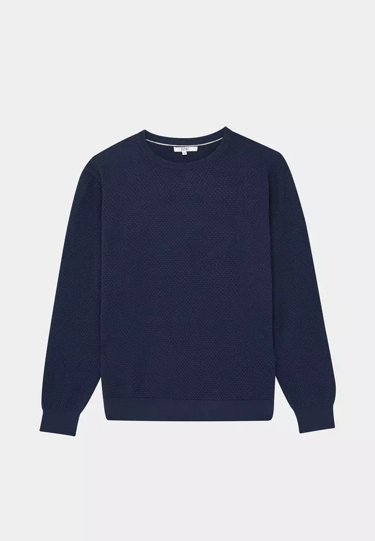 Deep Sapphire Blue Pure Cotton Crew Neck Sweater